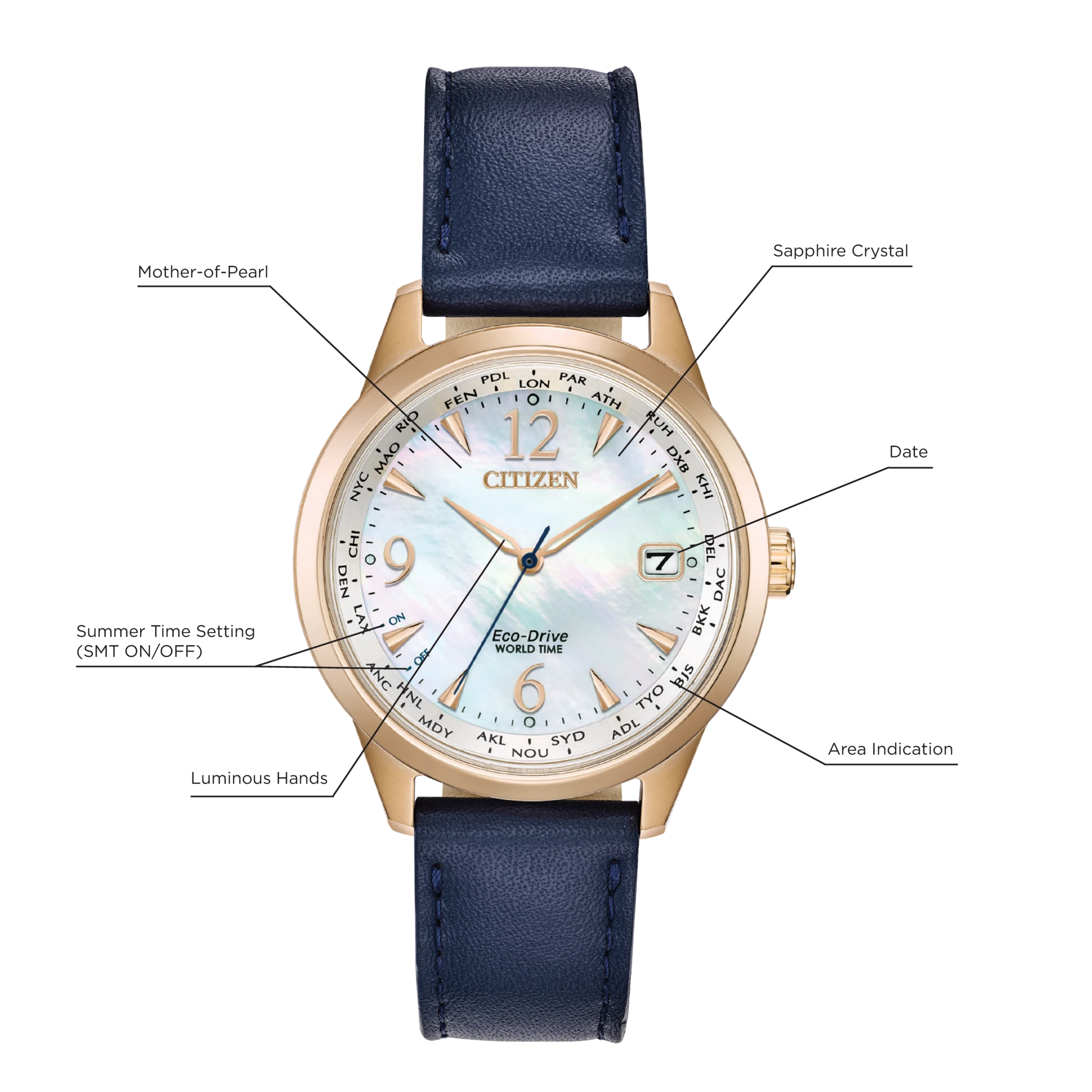 Citizen World Time Ladies Eco-Drive Rose Gold White Dial Watch